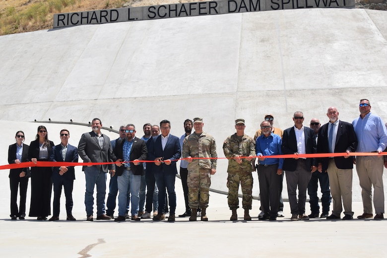 Partners of the Tule River Spillway Enlargement Project participate in a ribbon cutting ceremony near Success Lake on May 29, 2025. The spillway, which was completed by the U.S. Army Corps of Engineers Sacramento District in March 2025, will provide increased flood risk management to approximately 60,000 residents downstream the Tule River. (U.S. Army photo by Samantha Boyle)