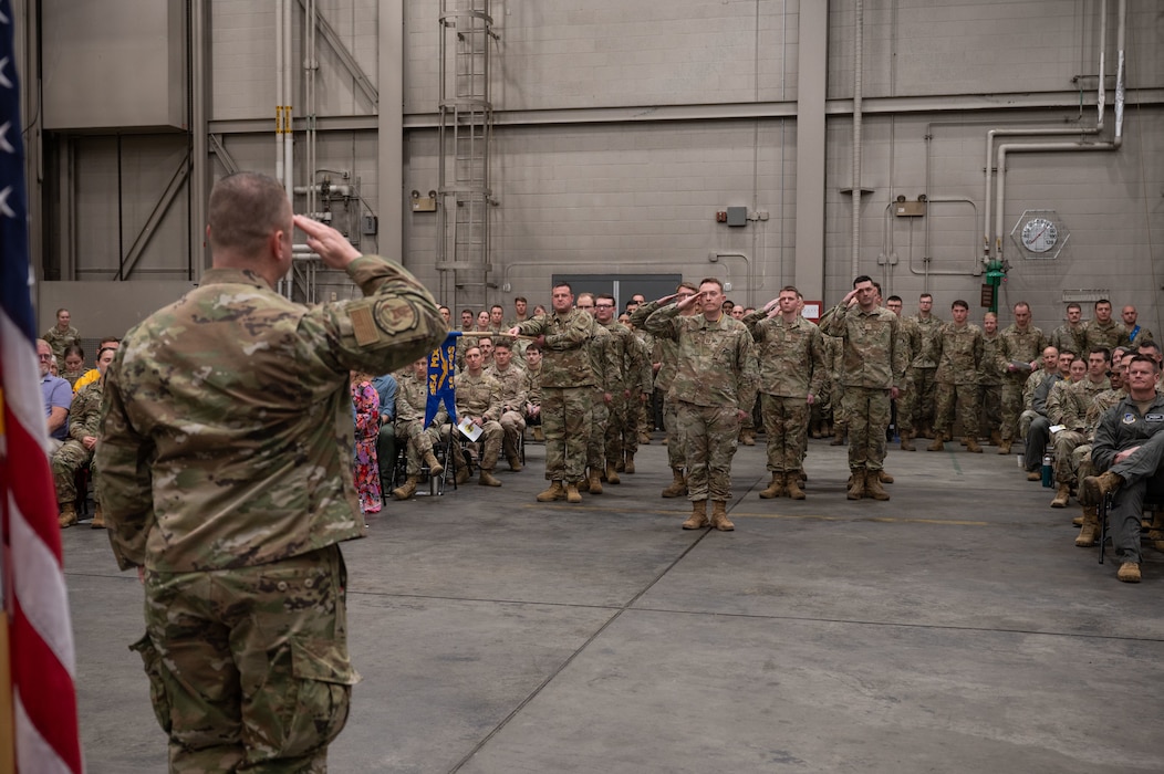 U.S. Air Force Lt. Col. Stephan White, 18th Fighter Generation Squadron outgoing commander, renders a final salute to the formation, during a change of command ceremony at Eielson Air Force Base, Alaska, May 30, 2025.