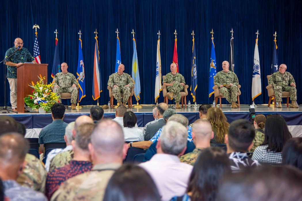 Acting Guam Gov. Josh Tenorio speaks during Joint Region Marianas’ change of command ceremony at Guam High School, May 29.