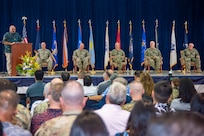 Acting Guam Gov. Josh Tenorio speaks during Joint Region Marianas’ change of command ceremony at Guam High School, May 29.