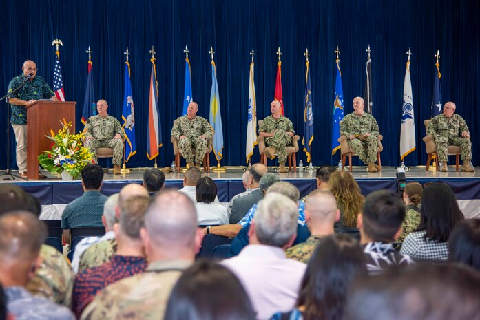 Acting Guam Gov. Josh Tenorio speaks during Joint Region Marianas’ change of command ceremony at Guam High School, May 29.