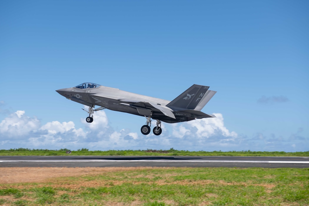 A U.S. Navy F-35C Lightning II assigned to Strike Fighter Squadron(VFA) 147 and attached to Carrier Air Wing (CVW) 5, prepares to land during a field carrier landing practice (FCLP) at Iwo To, Japan, May 25, 2025.