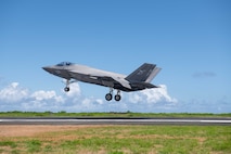 A U.S. Navy F-35C Lightning II assigned to Strike Fighter Squadron(VFA) 147 and attached to Carrier Air Wing (CVW) 5, prepares to land during a field carrier landing practice (FCLP) at Iwo To, Japan, May 25, 2025.
