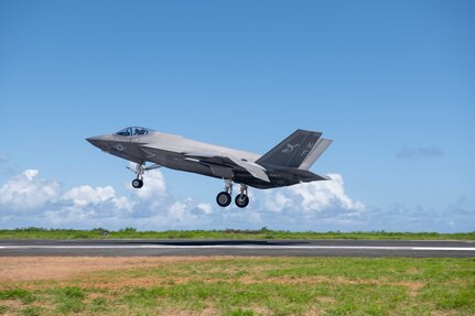 A U.S. Navy F-35C Lightning II assigned to Strike Fighter Squadron(VFA) 147 and attached to Carrier Air Wing (CVW) 5, prepares to land during a field carrier landing practice (FCLP) at Iwo To, Japan, May 25, 2025.