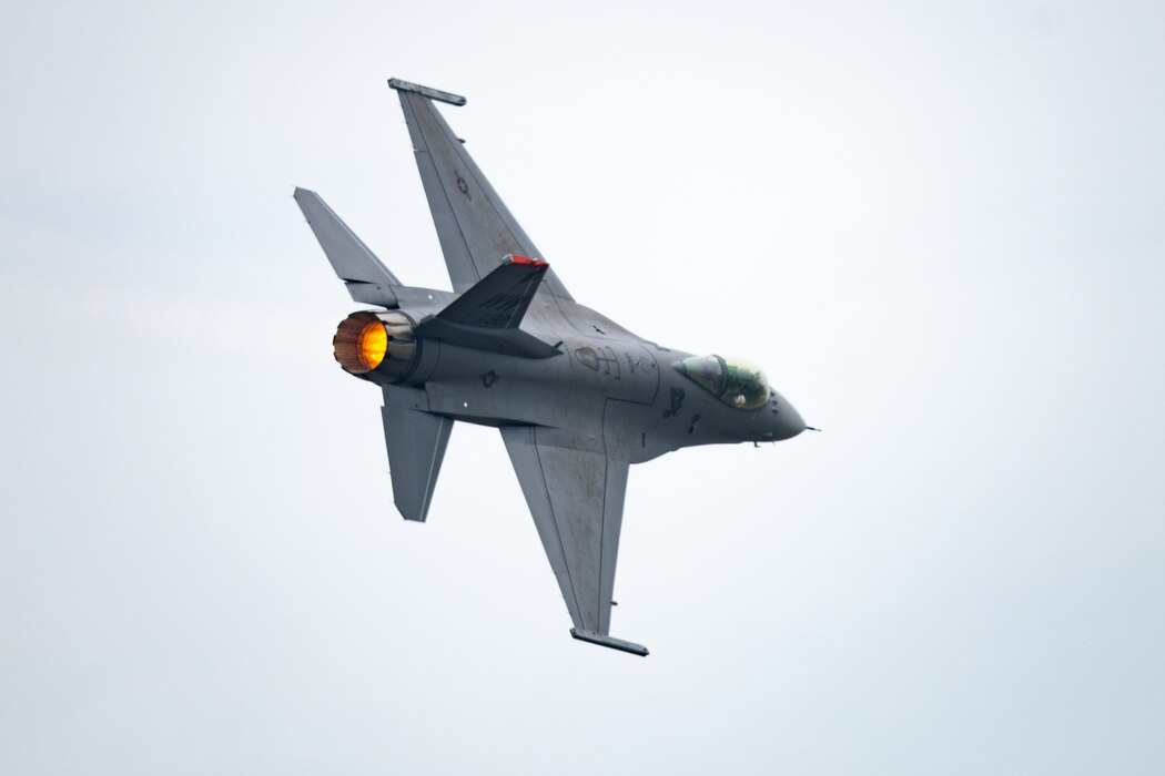 U.S. Air Force Capt. Ethan “Bantam” Smith, Pacific Air Forces F-16 Demonstration Team commander, conducts aerial maneuvers in an F-16 Fighting Falcon during the team’s final flight at Misawa Air Base, Japan, May 30, 2025.