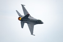 U.S. Air Force Capt. Ethan “Bantam” Smith, Pacific Air Forces F-16 Demonstration Team commander, conducts aerial maneuvers in an F-16 Fighting Falcon during the team’s final flight at Misawa Air Base, Japan, May 30, 2025.