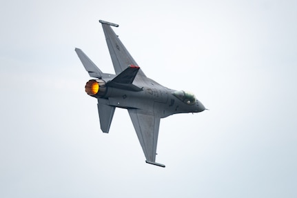 U.S. Air Force Capt. Ethan “Bantam” Smith, Pacific Air Forces F-16 Demonstration Team commander, conducts aerial maneuvers in an F-16 Fighting Falcon during the team’s final flight at Misawa Air Base, Japan, May 30, 2025.