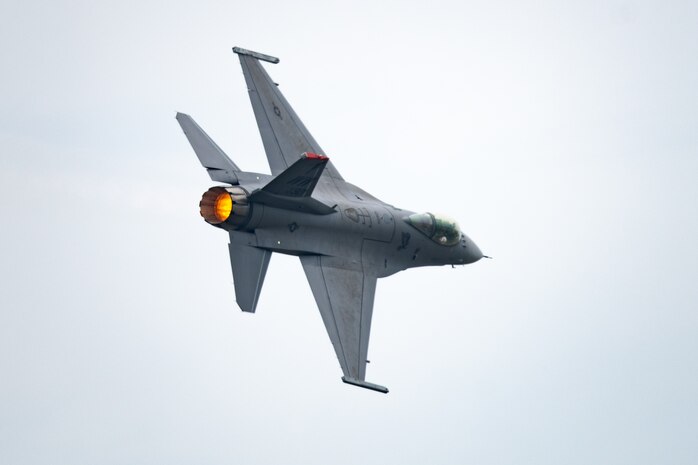 U.S. Air Force Capt. Ethan “Bantam” Smith, Pacific Air Forces F-16 Demonstration Team commander, conducts aerial maneuvers in an F-16 Fighting Falcon during the team’s final flight at Misawa Air Base, Japan, May 30, 2025.