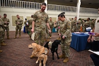 Brooke Army Medical Center Facility Dogs attend the resource fair providing their therapeutic and emotional support services at Arnold Hall on May 3, 2025. The facility dogs provide support throughout BAMC, the outlying clinics and other areas across Joint Base San Antonio. (US Air Force photo by Alex Dieguez)