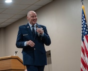 U.S. Air Force Gen. Thomas A. Bussiere, commander of Air Force Global Strike Command, gives a speech about the importance of the Site Activation Task Force (SATAF) Detachment 12 activation at Minot Air Force Base, North Dakota, May 21, 2025. The activation of SATAF Det. 12 marks an important step in preparing the base’s infrastructure to support the establishment of the next-generation Sentinel Intercontinental Ballistic Missile system. (U.S. Air Force photo by Airman 1st Class Wesley Davies)