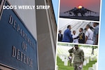 In a graphic, a plaque of the Department of Defense is shown in a building while on the right three photos with service members and airplanes is shown.