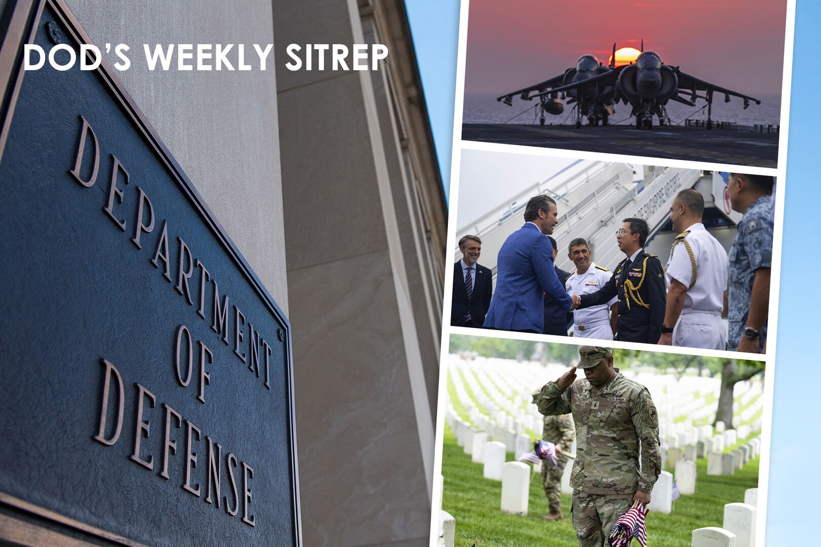 In a graphic, a plaque of the Department of Defense is shown in a building while on the right three photos with service members and airplanes is shown.