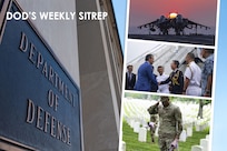 In a graphic, a plaque of the Department of Defense is shown in a building while on the right three photos with service members and airplanes is shown.
