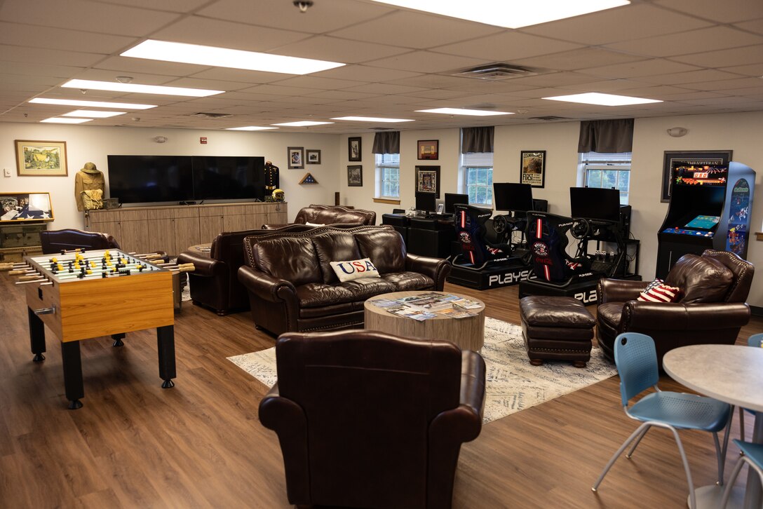 Couches, gaming systems and computers are set up in the upstairs of the USO of North Carolina on Marine Corps Base Camp Lejeune, May 14, 2025.  Since relocating to its new base location, the USO has seen foot traffic increase to over 36,000 service members and families in 2024. (U.S. Marine Corps photo by Cpl. Loriann Dauscher)