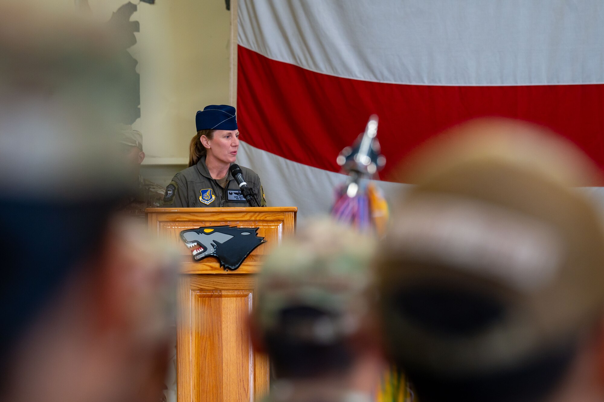U.S. Air Force Col. Kathryn Gaetke, 8th Fighter Wing commander, addresses the 8th Fighter Wing for the first time during a change of command ceremony at Kunsan Air Base, Republic of Korea, May 30, 2025.
