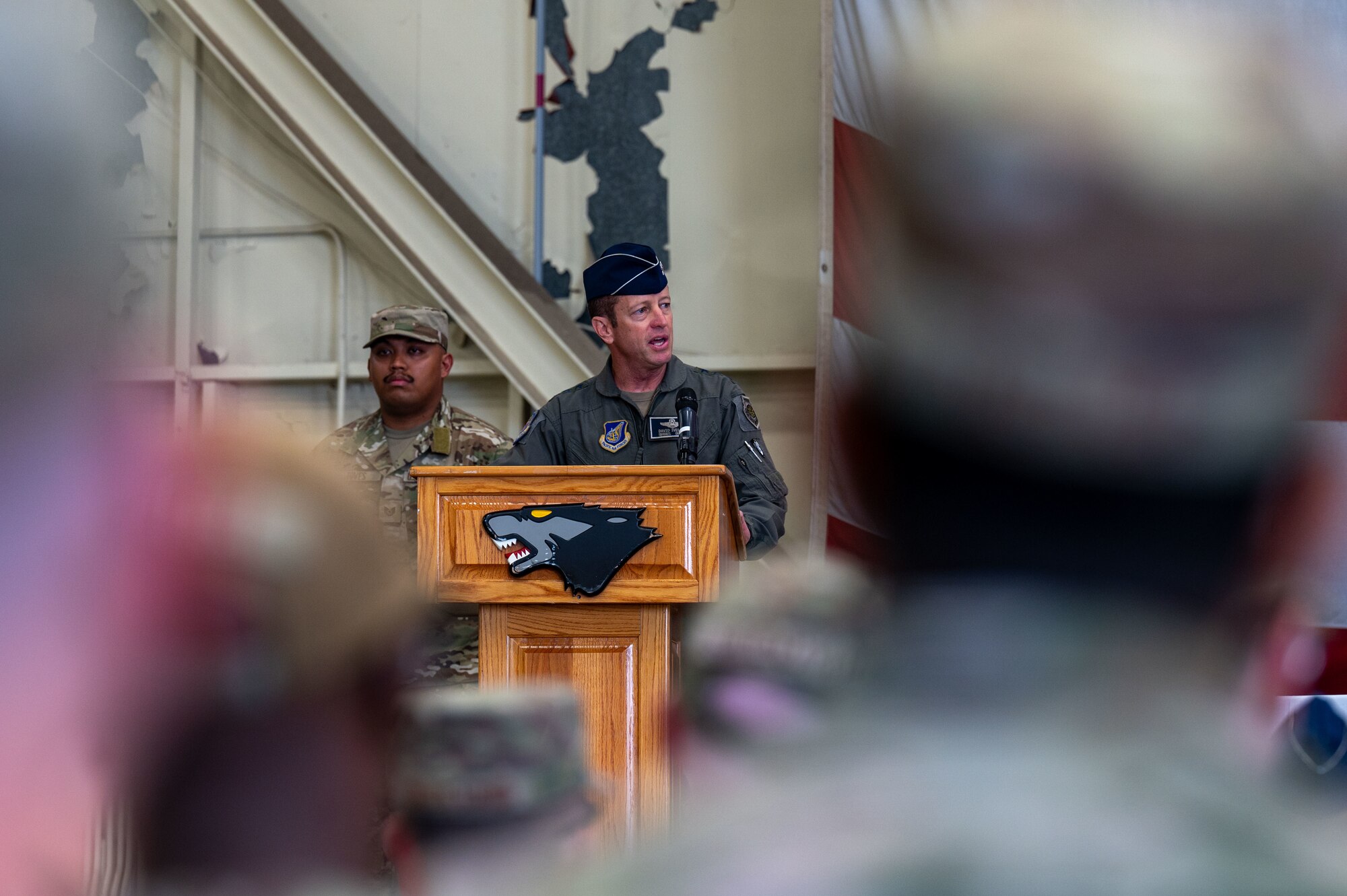 U.S. Air Force Lt. Gen. David Iverson, 7th Air Force commander, addresses the 8th Fighter Wing during a change of command ceremony at Kunsan Air Base, Republic of Korea, May 30, 2025.