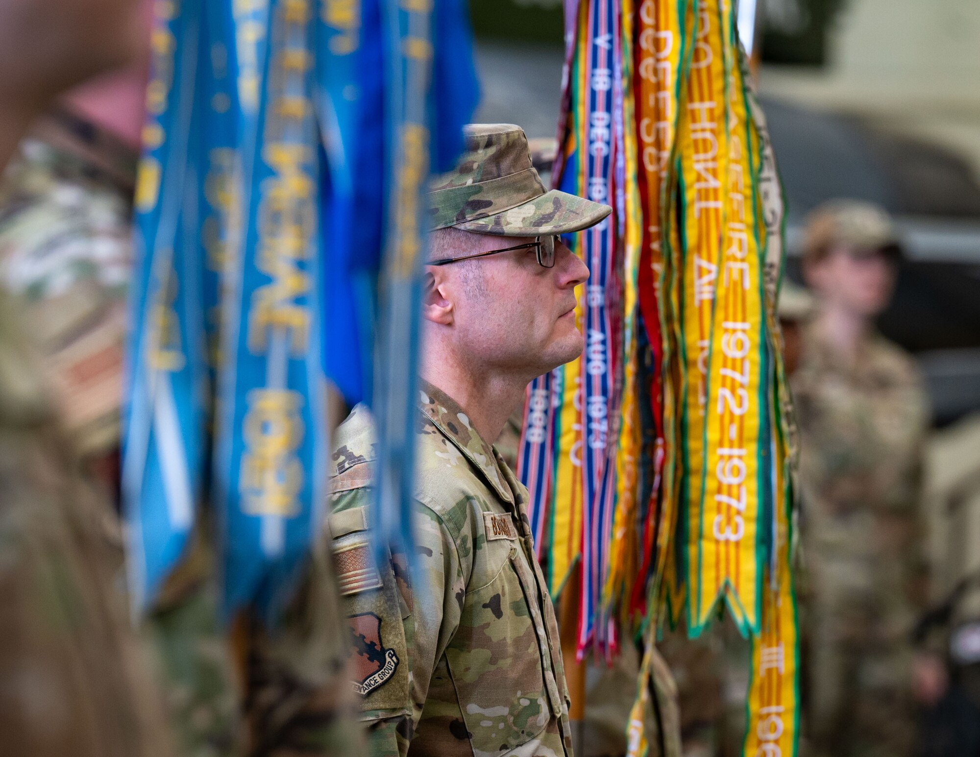 Chief Master Sgt. Nathan Bouchard, 8th Maintenance Group senior enlisted leader, stands in formation during a change of command ceremony at Kunsan Air Base, Republic of Korea, May 30, 2025.