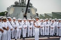 Adm. Samuel J. Paparo, commander of U.S. Indo-Pacific Command, visits joint U.S. service members aboard Arleigh Burke-class guided-missile destroyer USS Dewey (DDG 105) during a visit to Sembawang Naval Installation, Singapore, May 29, 2025. The ship was in port to participate in International Maritime Defense Exhibition (IMDEX) Asia 2025, and the visit highlighted the role of Destroyer Squadron (DESRON) 7 and Commander, Logistics Group Western Pacific/Task Force 73, in supporting deployed surface units and aircraft carriers, alongside regional Allies and partners, to facilitate patrols in the South China Sea, participation in naval exercises and responses to natural disasters. USINDOPACOM is committed to enhancing stability in the Indo-Pacific region by promoting security cooperation, encouraging peaceful development, responding to contingencies, deterring aggression and, when necessary, prevailing in conflict. (U.S. Navy photo by Chief Mass Communication Specialist Shannon M. Smith)