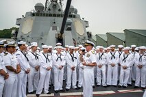 Adm. Samuel J. Paparo, commander of U.S. Indo-Pacific Command, visits joint U.S. service members aboard Arleigh Burke-class guided-missile destroyer USS Dewey (DDG 105) during a visit to Sembawang Naval Installation, Singapore, May 29, 2025. The ship was in port to participate in International Maritime Defense Exhibition (IMDEX) Asia 2025, and the visit highlighted the role of Destroyer Squadron (DESRON) 7 and Commander, Logistics Group Western Pacific/Task Force 73, in supporting deployed surface units and aircraft carriers, alongside regional Allies and partners, to facilitate patrols in the South China Sea, participation in naval exercises and responses to natural disasters. USINDOPACOM is committed to enhancing stability in the Indo-Pacific region by promoting security cooperation, encouraging peaceful development, responding to contingencies, deterring aggression and, when necessary, prevailing in conflict. (U.S. Navy photo by Chief Mass Communication Specialist Shannon M. Smith)