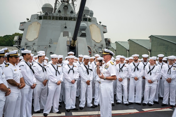 Adm. Samuel J. Paparo, commander of U.S. Indo-Pacific Command, visits joint U.S. service members aboard Arleigh Burke-class guided-missile destroyer USS Dewey (DDG 105) during a visit to Sembawang Naval Installation, Singapore, May 29, 2025. The ship was in port to participate in International Maritime Defense Exhibition (IMDEX) Asia 2025, and the visit highlighted the role of Destroyer Squadron (DESRON) 7 and Commander, Logistics Group Western Pacific/Task Force 73, in supporting deployed surface units and aircraft carriers, alongside regional Allies and partners, to facilitate patrols in the South China Sea, participation in naval exercises and responses to natural disasters. USINDOPACOM is committed to enhancing stability in the Indo-Pacific region by promoting security cooperation, encouraging peaceful development, responding to contingencies, deterring aggression and, when necessary, prevailing in conflict. (U.S. Navy photo by Chief Mass Communication Specialist Shannon M. Smith)