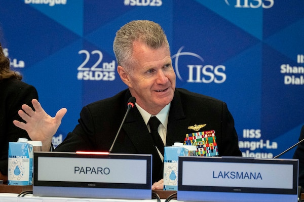 Adm. Samuel J. Paparo, commander of U.S. Indo-Pacific Command, speaks during the Shangri-La Dialogue Young Leaders’ Programme during a visit to Singapore, May 30, 2025. The programme includes participants from government, think tanks, academia, business and media, and aims to provide an opportunity for young leaders to engage in high-level discussions on complex and evolving regional security challenges as part of the broader Shangri-La Dialogue, a defense summit focused on the Indo-Pacific region where ministers and representatives gather to discuss pressing security challenges and engage in bilateral talks. USINDOPACOM is committed to enhancing stability in the Indo-Pacific region by promoting security cooperation, encouraging peaceful development, responding to contingencies, deterring aggression and, when necessary, prevailing in conflict. (U.S. Navy photo by Chief Mass Communication Specialist Shannon M. Smith)