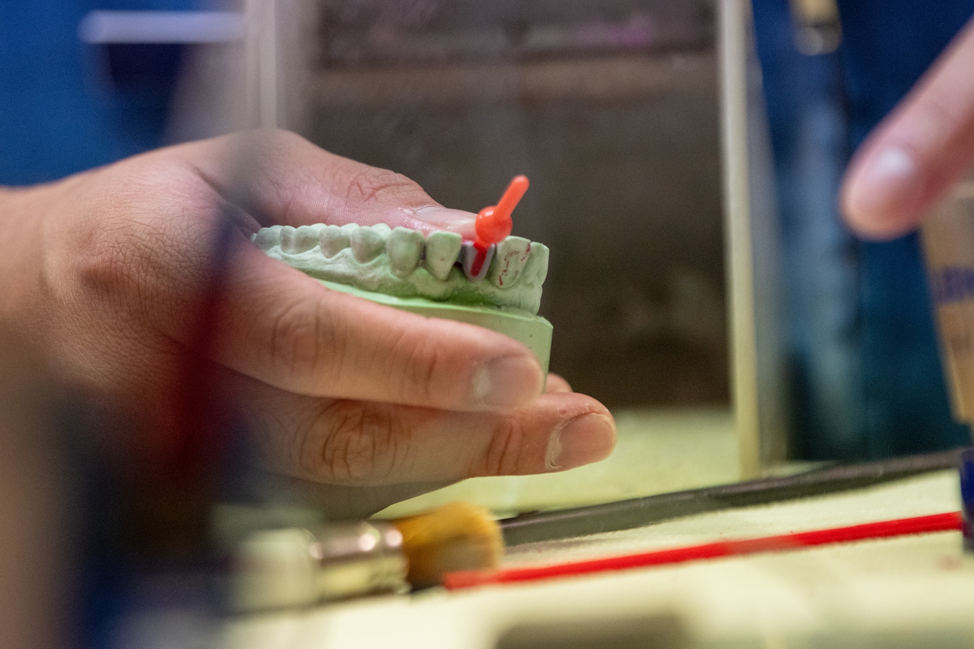 military member holds a dental model