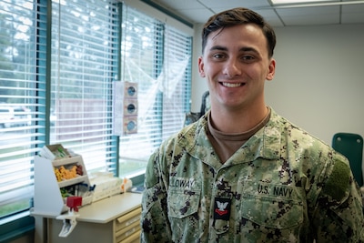 Hospital Corpsman Second Class Dru Calloway, a native of Fallbrook, California, serves as the Leading Petty Officer for the laboratory aboard Naval Health Clinic Cherry Point.  Calloway and his team support the medical readiness of the base by drawing and receiving samples from patients, providing the test results to patients and their medical providers so they can make informed decisions about medical care.