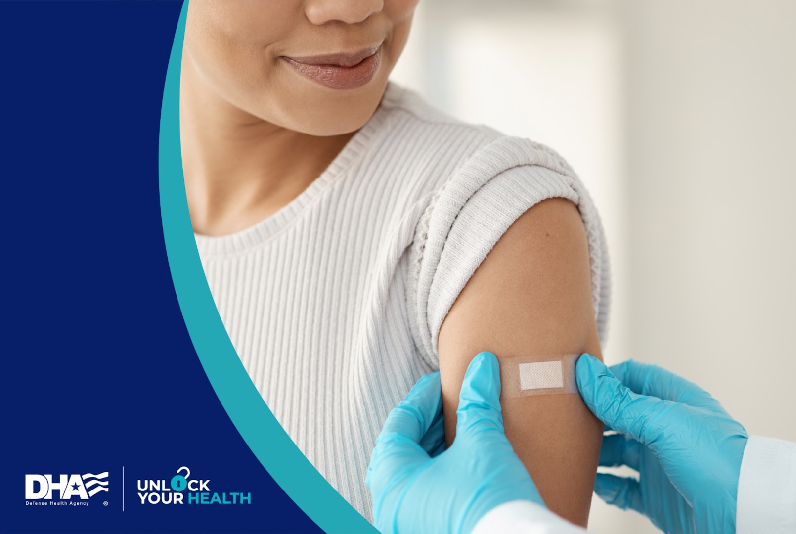 DHA logo and "Unlock Your Health" logo, doctor placing a band aid on a woman's upper arm.