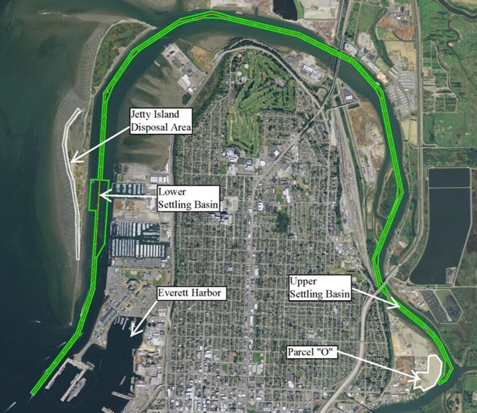 Photo of a map detailing the Snohomish River Federal Dredging Project area, in Snohomish River, Everett, Snohomish County, Washington. Maintenance dredging operations, necessary for safe navigation conditions for Snohomish River and Everett Harbor, will begin Nov. 4, 2025, and are expected to be completed Feb. 14, 2026.