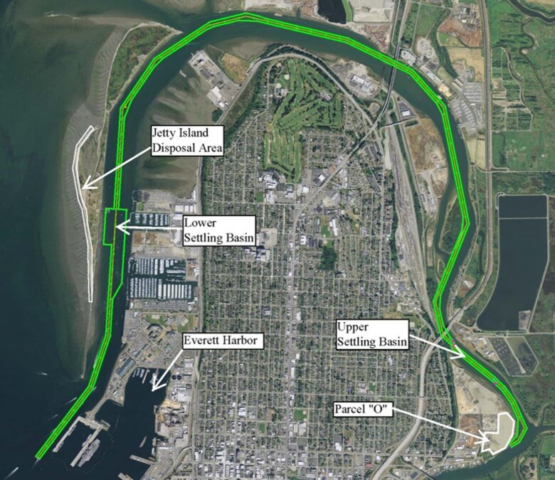 Photo of a map detailing the Snohomish River Federal Dredging Project area, in Snohomish River, Everett, Snohomish County, Washington. Maintenance dredging operations, necessary for safe navigation conditions for Snohomish River and Everett Harbor, will begin Nov. 4, 2025, and are expected to be completed Feb. 14, 2026.