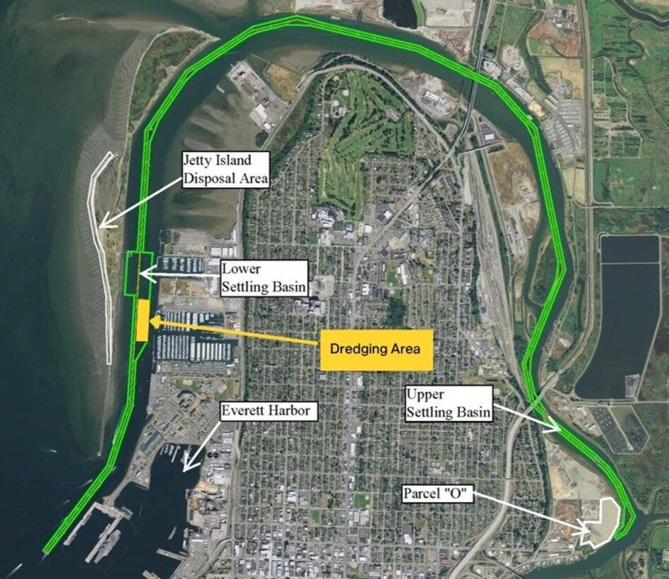 Photo of a map detailing the Snohomish River Federal Dredging Project area, in Snohomish River, Everett, Snohomish County, Washington. Maintenance dredging operations,  necessary for safe navigation conditions for Snohomish River and Everett Harbor, will begin Nov. 4, 2025, and are expected to be completed Feb. 14, 2026.