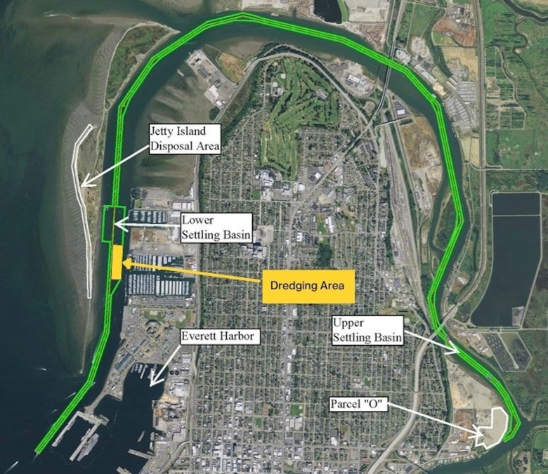 Photo of a map detailing the Snohomish River Federal Dredging Project area, in Snohomish River, Everett, Snohomish County, Washington. Maintenance dredging operations,  necessary for safe navigation conditions for Snohomish River and Everett Harbor, will begin Nov. 4, 2025, and are expected to be completed Feb. 14, 2026.