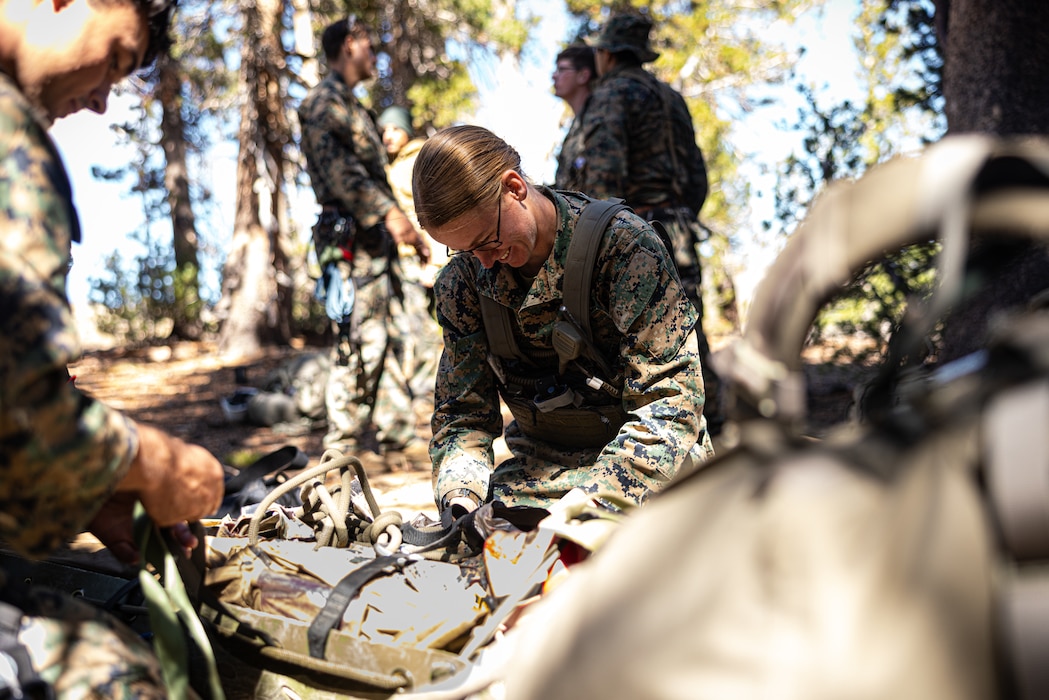 U.S. Navy Hospital Corpsman 2nd Class Eve Waterman, Texas native, instructor with Marine Corps Mountain Warfare Training Center, Marine Air Ground Task Force Training Command, facilitates casualty evacuation exercises as part of MMED 3-25 at Marine Corps Mountain Warfare Training Center, Bridgeport, California, Sept. 13, 2025. MMED challenges service members with various medical and technical problems common to mountainous environments in preparation for any potential future conflicts in austere terrain. (U.S. Marine Corps photo by Lance Cpl. Enge You)