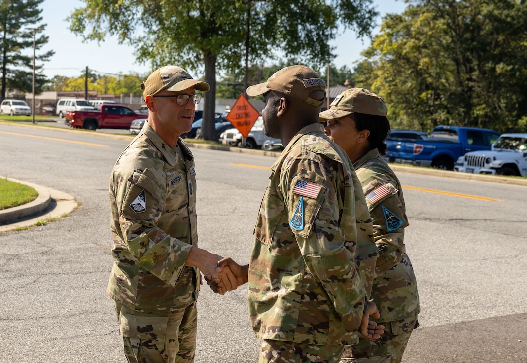 Space Delta 13 leadership greets Chief Master Sgt. of the Space Force John Bentivegna at Joint Base Andrews, Maryland.