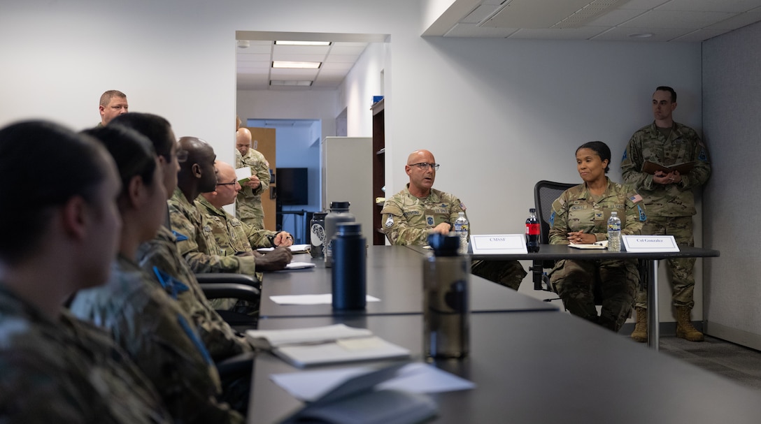 Chief Master Sgt. of the Space Force John Bentivegna speaks during a Space Delta 13 mission brief at Joint Base Andrews, Maryland.