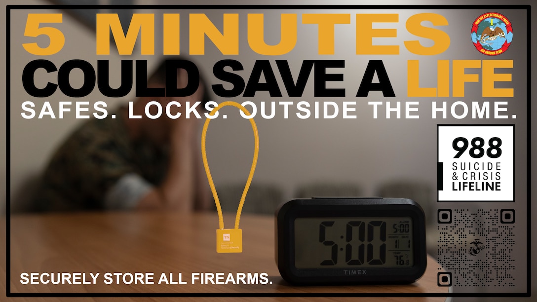 This U.S. Marine Corps layout and design was created using Adobe Photoshop 2025 to promote the ‘5 Minutes Could Save a Life’ lethal means safety campaign at Marine Corps Base Camp Pendleton, California, Sept. 11, 2025. The purpose of the campaign is to provide Marines, Sailors, and families with information regarding lethal means safety and increase awareness of safely storing firearms. (U.S. Marine Corps graphic by Sgt. Lance Kell)
