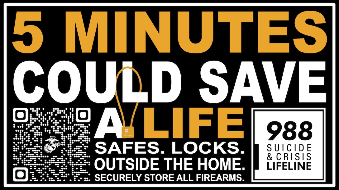 This U.S. Marine Corps layout and design was created using Adobe Photoshop 2025 to promote the ‘5 Minutes Could Save a Life’ lethal means safety campaign at Marine Corps Base Camp Pendleton, California, Sept. 11, 2025. The purpose of the campaign is to provide Marines, Sailors, and families with information regarding lethal means safety and increase awareness of safely storing firearms. (U.S. Marine Corps graphic by Sgt. Lance Kell)
