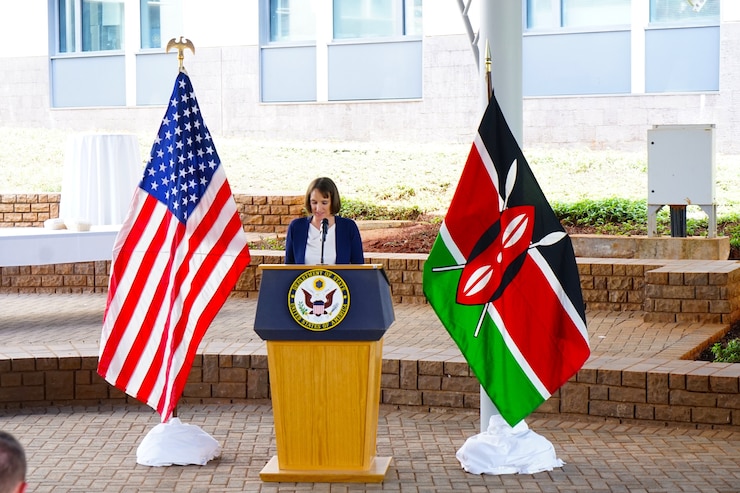 Col. Deydre Teyhen, WRAIR Commander, provides remarks at the celebration of the 50th anniversary of partnership and collaboration between WRAIR and the Republic of Kenya.