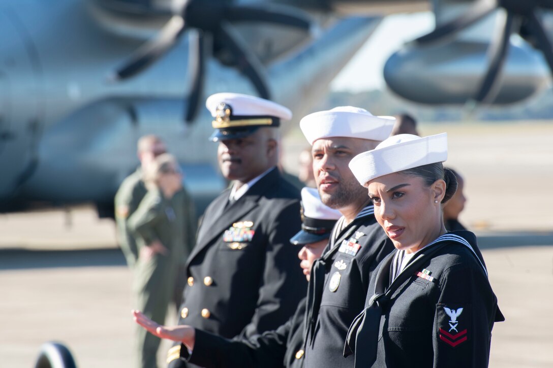 U.S. Navy Sailors line up for sideboys honor detail prior to Naval Air Facility Washington’s change of command ceremony at Joint Base Andrews, Maryland, Oct. 17, 2025.