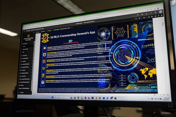 A screen showing the 2nd Marine Logistics Group Commanding General App is displayed on Marine Corps Base Camp Lejeune, North Carolina, Aug. 12, 2025. The Command Data Analytics Office, first formed at 2nd MLG, aims to improve the way that 2nd MLG analyzes and implements digital transformation and ethical artificial intelligence use into enabled decision making for its customers. (U.S. Marine Corps photo by Lance Cpl. Brady V. Hathaway)