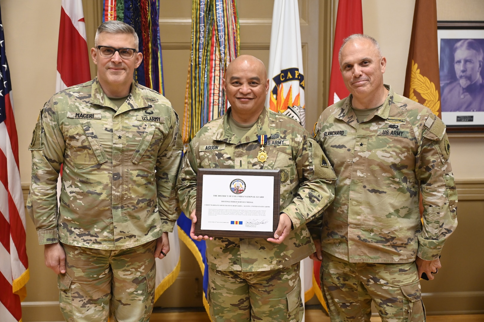 U.S. Army Chief Warrant Officer 5 (CW5) Robert Gibson, Sr., assumes responsibility as the seventh Command Chief Warrant Officer of the District of Columbia National Guard from CW5 Bernard Aguon during a change of responsibility ceremony at the D.C. Armory, Oct. 22, 2025. The ceremony was officiated by Brig. Gen. Craig M. Maceri, the D.C. Army National Guard’s Land Component Command (LCC) commander. The Command Chief Warrant Officer is the top Warrant Officer advisor to the D.C. National Guard’s Commanding General, the Adjutant General (TAG), and Land Component Command commander. The CCWO provides specialized expertise, leadership, and mentorship, and is responsible for the training, readiness, and professional development of the warrant officer corps.