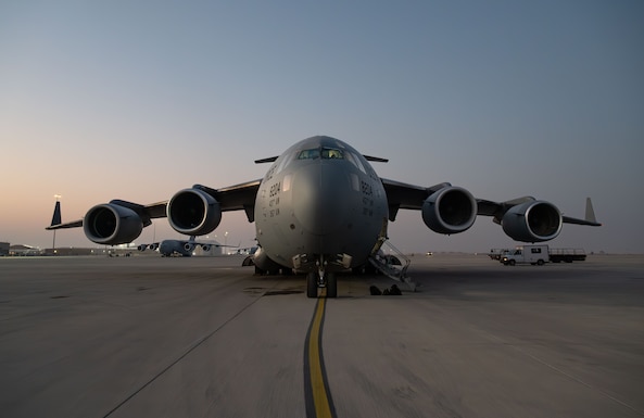 A U.S. Air Force C-17 Globemaster III aircraft assigned to the 16th Expeditionary Airlift Squadron sits on the flight line before a cargo mission in the U.S. Central Command area of responsibility, Oct. 25, 2025. The C-17 is capable of rapid strategic delivery of troops and all types of cargo in the CENTCOM AOR to maintain peace and stability across the region. (U.S. Air Force photo by Tech. Sgt. Bailee A. Darbasie)