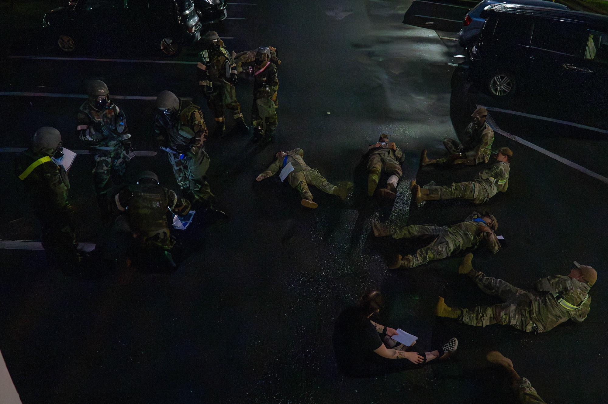 U.S. Air Force Airmen assigned to the 18th Comptroller Squadron perform tactical combat casualty care during a mass casualty exercise in support of base-wide operational readiness exercise BH 26-1 at Kadena Air Base, Japan, Nov. 6, 2025. TCCC is the military’s standardized method for providing life-saving medical care in combat or emergency environments. (U.S. Air Force photo by Airman Nathaniel Jackson)