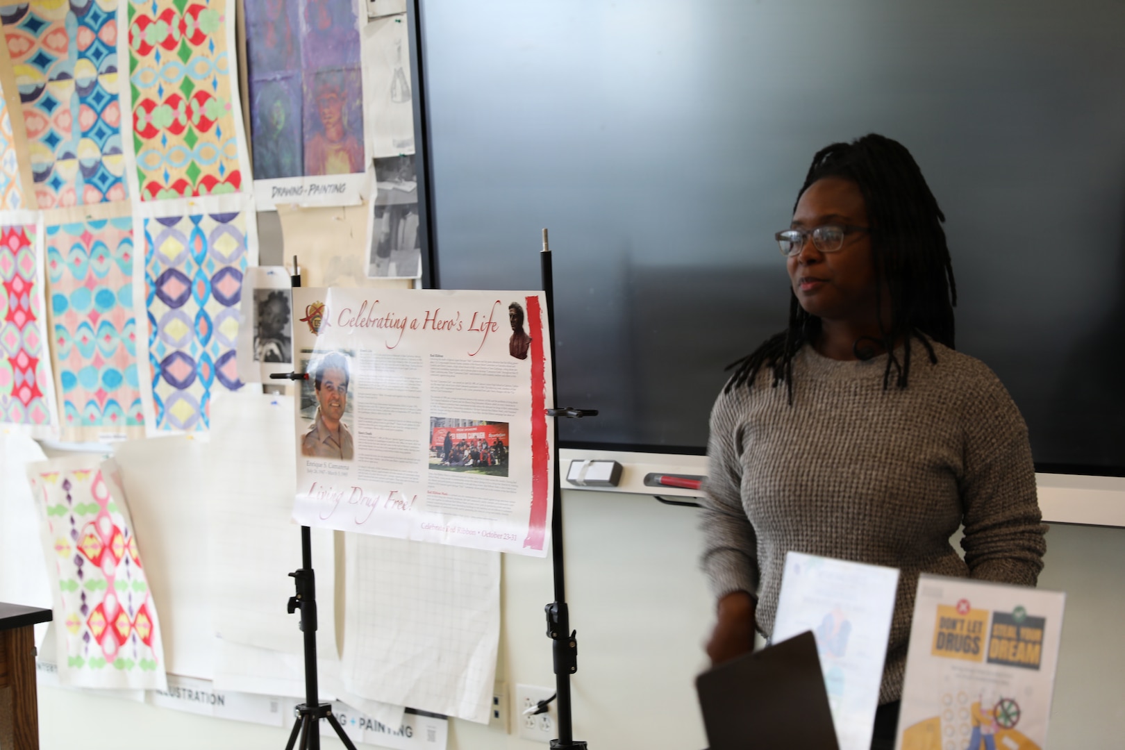 The D.C. National Guard Counterdrug Drug Demand Reduction Outreach team delivers a drug prevention presentation to students at Ballou STAY Opportunity Academy on Oct. 24, 2025, in recognition of Red Ribbon Week in Washington D.C. The session aimed to spark candid discussions about substance misuse and highlight the importance of making healthy, informed decisions. The DDRO outreach team emphasized its ongoing mission to combat drug abuse through education, awareness, and interactive programs designed to empower young people.