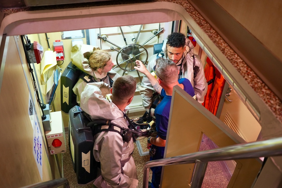 USCGC Frederick Hatch (WPC 1143) and FS Prairial (F731) crews work together off Majuro