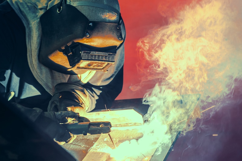 A welder in black protective gear uses a tool on a metal part, creating flames and billowing smoke.