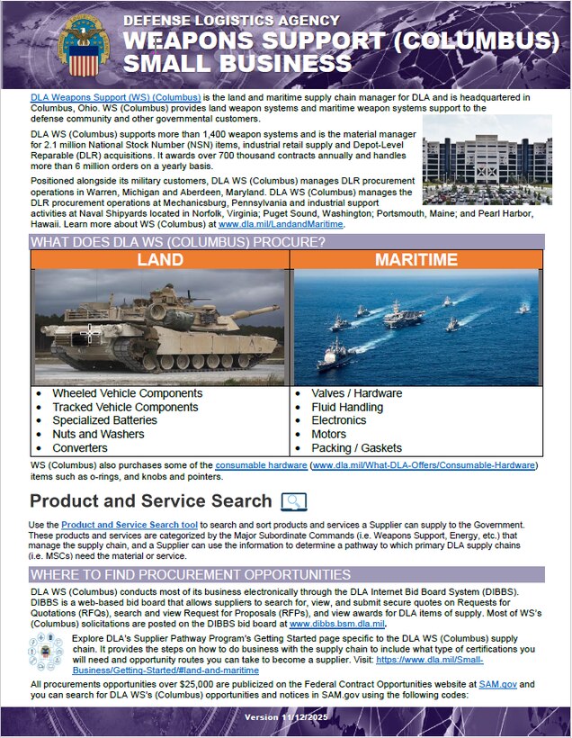 Weapons Support (Columbus) flyer providing information on what is procured, where to find procurement opportunities, major spend patterns, training opportunities, and contact info.