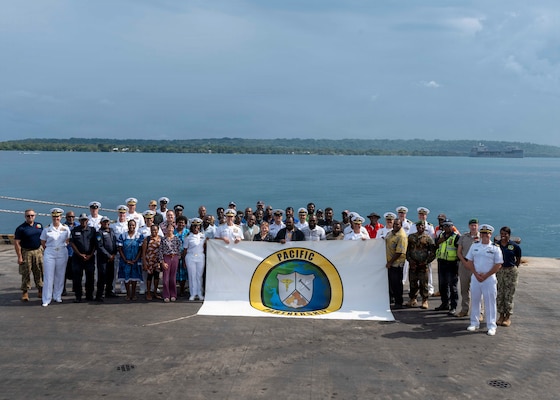 Adm. Steve Koehler, commander, U.S. Pacific Fleet, U.S. Ambassador to Papua New Guinea, Solomon Islands, and Vanuatu, Ann Marie Yastishock, Sanma Province President Bridley Livo, Sanma Province Secretary General Jonathan Iavere, and Pacific Partnership 2025 (PP25) leadership, pose for a photo following the PP25 opening ceremony in Luganville, Vanuatu, Nov. 7, 2025. Now in its 21st iteration, the Pacific Partnership series is the largest annual multinational humanitarian assistance and disaster management preparedness mission conducted in the Indo-Pacific. The visit to Vanuatu underscored Koehler’s commitment to the Pacific Islands in addressing our shared maritime challenges to promote a free, open, and secure Indo-Pacific. (U.S. Navy photo by Mass Communication Specialist 2nd Class Christopher Aric Sypert)