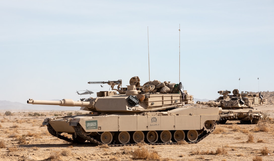 Soldiers of the Royal Saudi Land Forces (RSLF) conduct operations during National Training Center Rotation 26-02 at Fort Irwin, Calif., Nov. 7, 2025. Partnering with U.S. Army Central (USARCENT) and 3rd Security Forces Assistance Brigade, the RSLF will integrate with 2nd Brigade, 1st Cavalry Division, to enhance interoperability and operational effectiveness in a tough, realistic environment. Historically, USARCENT has served alongside the RSLF armored units since Operation Desert Storm in 1991. This is the first time a RSLF unit has participated in a U.S. Army combat training center rotation. (U.S. Army photo by Staff Sgt. Devon Jones)