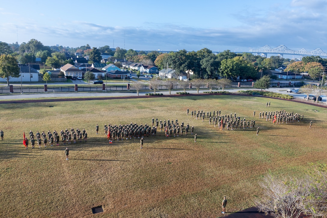U.S. Marines and sailors with Marine Forces Reserve and Marine Forces South participate in an annual birthday motivational run celebrating the 250th birthday of the U.S. Marine Corps, in New Orleans, Nov. 7, 2025. The run started at the Marine Corps Support Facility, New Orleans and traveled along the Mississippi River ending back at Maine Corps Support Facility New Orleans. The run celebrates the history of the Marine Corps and creates esprit de corps and comradery among Marines. (U.S. Marine Corps photo by Lance Cpl. Juan Diaz/Lance Cpl. Priscilla Flores)